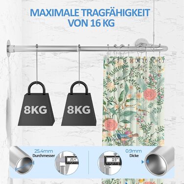 Регульована штанга для душу L-подібної форми, 60-134 см, з кріпленням для штори та підставкою для стелі, для ванни/ванної кімнати, срібна