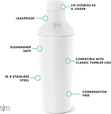 Класичний шейкер для коктейлів SIMPLE MODERN з мірною кришкою, 590 мл, нержавіюча сталь, білий, для бару, подарунок для жінок і чоловіків