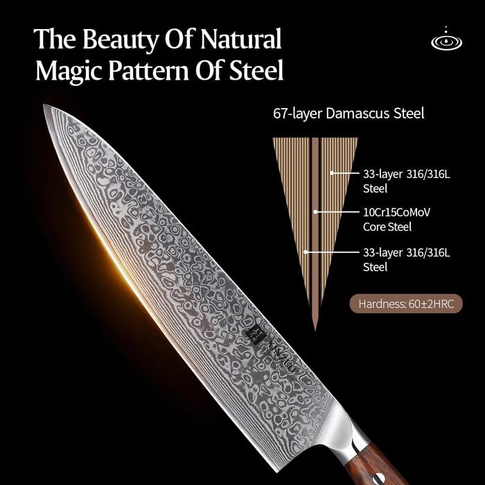 XINZUO 21cm Damascus Chef's Knife - 67 Layer Multipurpose Kitchen Knife for Meat, Fish & Vegetables - Gyuto Professional Hand-Forged Knife with Ergonomic Rosewood Handle