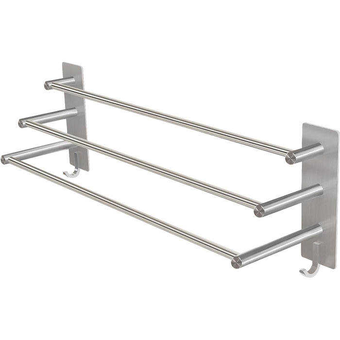 Тримач для рушників Vista з 3-ма перекладинами без свердління, нержавіюча сталь SUS304, сріблястий, з двома гачками, 60 см