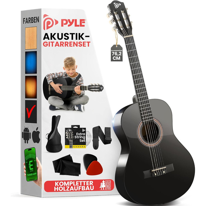 Акустична гітара Pyle для дітей та початківців, ½ розміру, з аксесуарами (сумка, тюнер, медіатор), чорна матова, 76 см