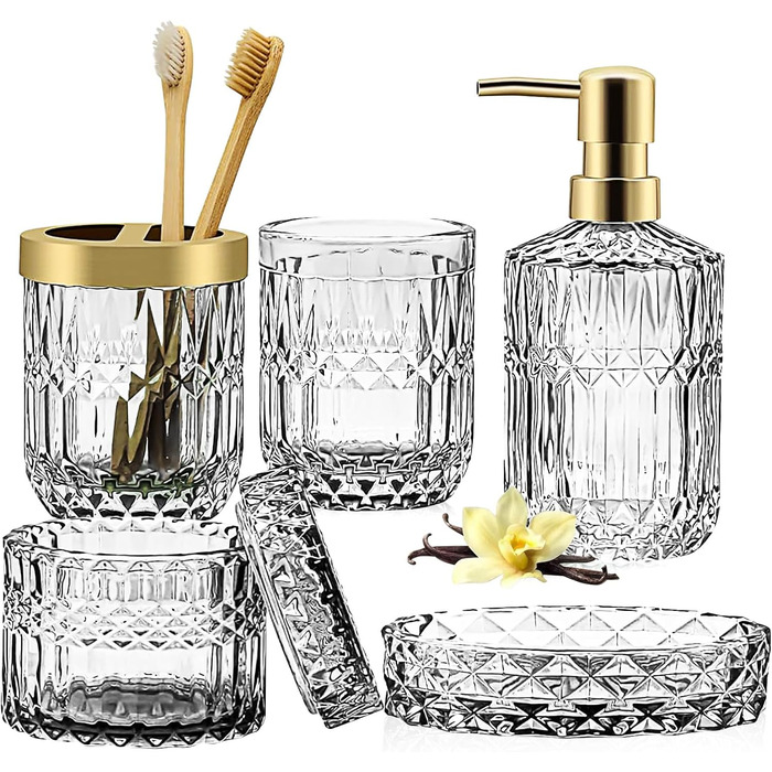 Набір аксесуарів для ванної кімнати зі скла, 5 шт. (Дозатор для лосьйону, мильниця, тримач для зубних щіток, стакан, ватні палички)
