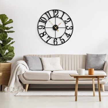 HAITANG Large Vintage Wall Clock, round, metal silent (no ticking), battery-powered, 40cm, 16 inch Roman numerals, clocks for living room, bedroom, kitchen wall decor (Black Arabic numerals, 80 cm)