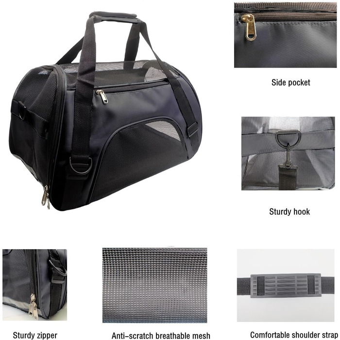 Транспортна сумка для тварин, схвалена авіаперевізниками, для середніх та малих котів, цуценят, кошенят, собак/котів, чорна сумка для подорожей з тваринами (розмір M)