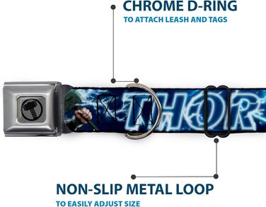 Нашийник для собак з кріпленням на ремінь безпеки, Avengers Thor, Поза з молотом, Галактичний синій та білий, 38-66 см, ширина 2.5 см, підходить для великих собак