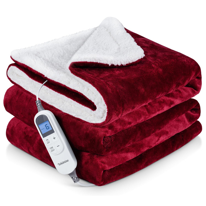 Електрична ковдра Yokimisu з автовимкненням 180x130 см, плюшева, з 6 рівнями нагріву, таймером, захистом від перегріву, пральна, для дому та офісу (червона)