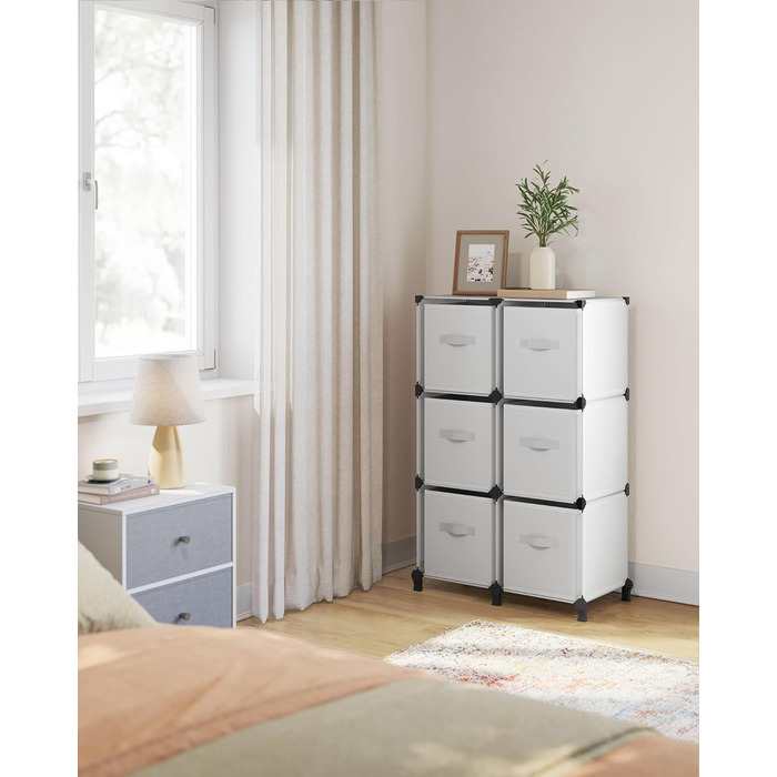 SONGMICS Cube Shelf with 6 Boxes, Shelving System, Storage Shelf with 6 Cubes, DIY, Expandable, Space-Saving, Bedroom, White LPC062W06