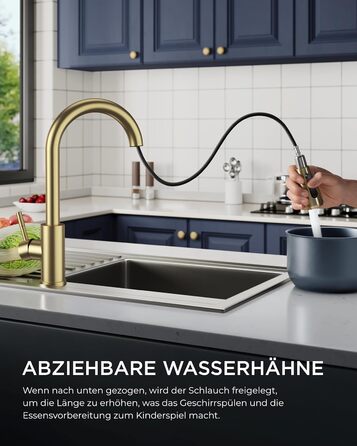 Кран кухонний FORIOUS з висувною лійкою, 360° обертання, 2 режими, шліфоване золото