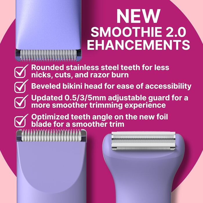 Електричний тример для бікіні HAPPY CURVES Smoothie 2.0 - водонепроникний жіночий тример для тіла з регульованими насадками