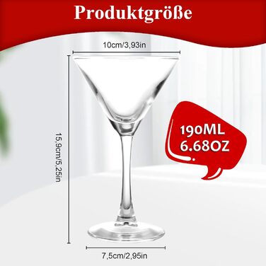 Набір з 6 келихів для мартини, 190 мл, з кришталевого скла без свинцю, класичної V-форми, для Еспресо Мартіні, Манхеттен та аперитиву, придатні для миття в посудомийній машині