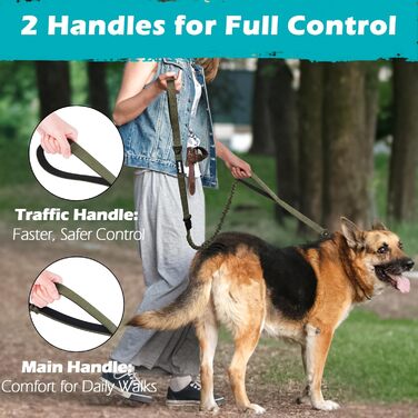 Тактична повідок для собак PetBonus Heavy Duty, 1,5м, еластична, з 2 зручними ручками, фіксатор для авто, No Pull для дресування великих та середніх собак (армійний зелений)