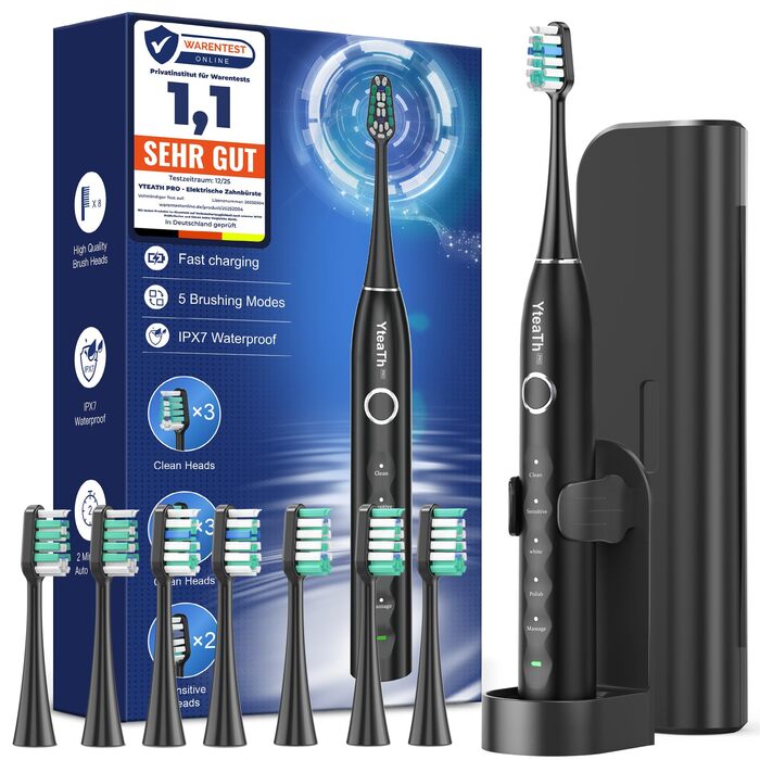 Електрична зубна щітка зі звуковими вібраціями, 8 насадок (3 типи), таймер, 120 днів роботи від акумулятора, 5 режимів чищення, чорний колір, для дорослих, з зарядною станцією