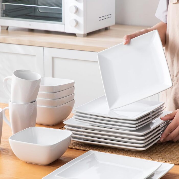 Square Dinnerware Set, Vancasso SOHO Tableware Service for 6 People, 24-Piece Stoneware Dinner Set with Dinner Plates, Dessert Plates, Bowls, and Cups, 24 Piece White