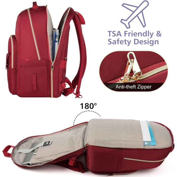 Жіночий рюкзак для ноутбука 17.3 дюйма, шкільний рюкзак для дівчат-підлітків, для навчання, роботи та офісу, для студентів та вчителів, колір: винний