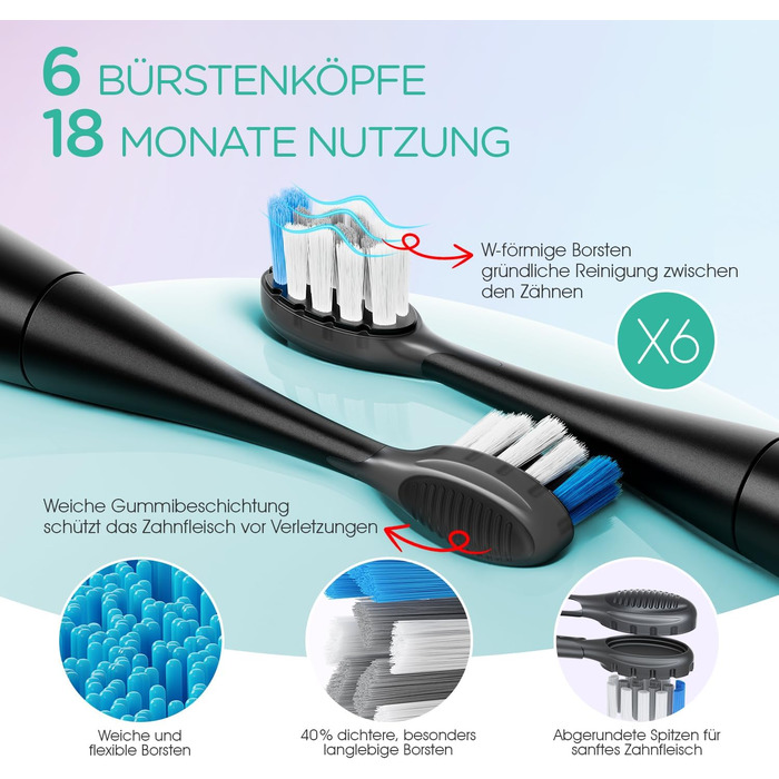 Електрична звукова зубна щітка Ultraschall ET110 (Чорна) - 41000 VPM, 70 днів роботи, 6 насадок, таймер, IPX7