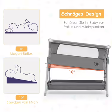 COSTWAY 2-in-1 Side Sleeper Bed & Travel Bed, Folding, Baby Cot with 7-Level Adjustable Height, Portable Baby Bed with Safety Belt, Mesh Windows, Mattress, Under-Bed Basket & Wheels (Dark Grey)