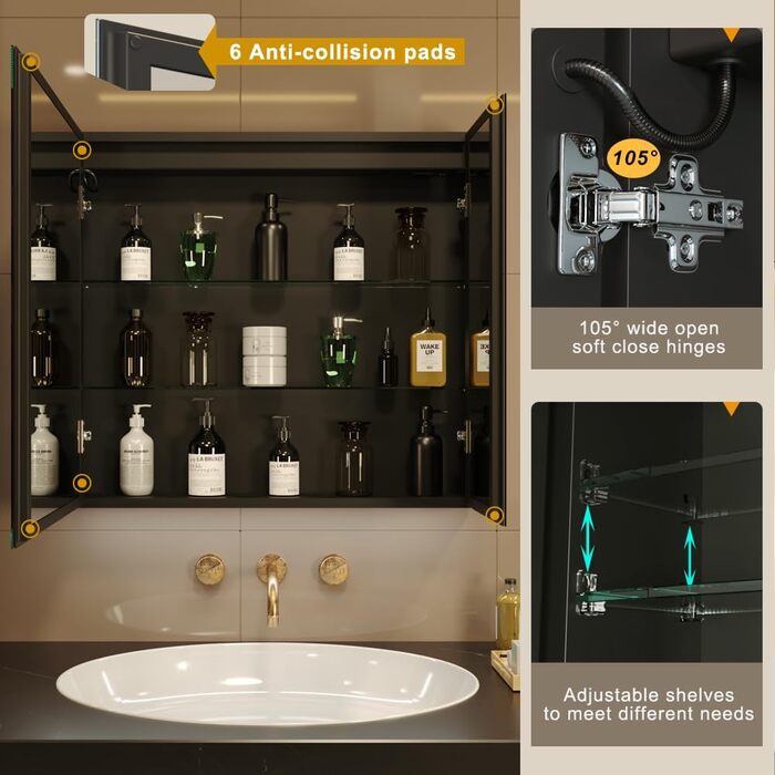 LED-дзеркало для ванної кімнати KWW з підсвічуванням, шафка-пенал, регулювання температури світла, антитуманне покриття, USB-роз'єми (2 дверцята, 80x70 см)