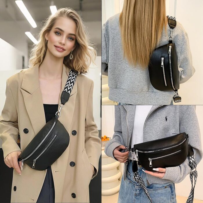 Жіноча сумка через плече з монетницею, шкіряна бананка, середнього розміру, з широким знімним ремінцем, поясна сумка для фестивалів, подорожей, повсякденного використання, біла (чорна)