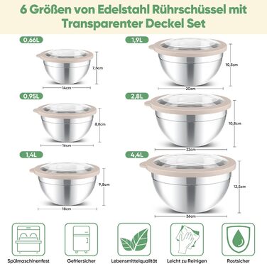 Набір мисок Homikit з нержавіючої сталі: 6 шт. (4,5L, 2,8L, 2,5L, 1L, 1,2L, 0,7L) з прозорою кришкою, для приготування, випікання, сервірування, миючі в посудомийній машині