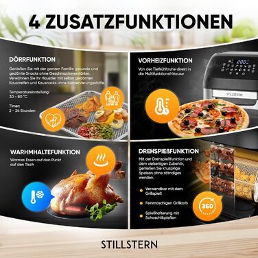 Stillstern Hot Air Fryer 12L with LED Touchscreen, XXL Recipe Book in German, 12 Programs, Preheating & Keep Warm, 1800W Hot Air Fryer Air Fryer XXL without Oil, Dehydrator, Mini Oven, Camping Grill, Black