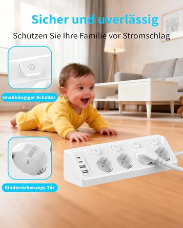 Многофункціональна мережева розетка з USB-C та захистом від перенапруги, 6 розеток, 2м кабель, 4000W, 16A, для кухні, дому, офісу (білий)