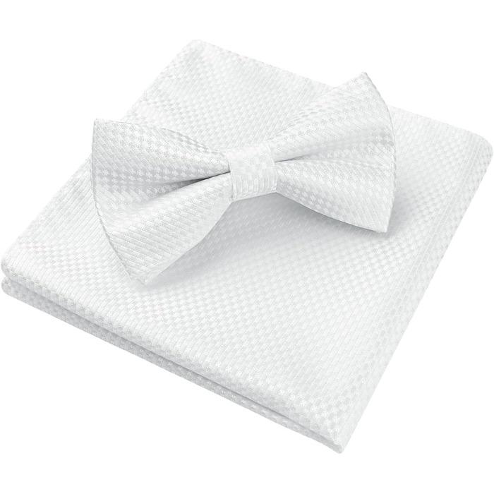 Краватка-метелик чоловіча Enlision з кишеньковим хустинкою - комплект для весілля, свят, до костюма. Білий колір.