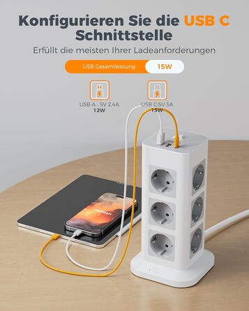 Блок живлення TESSAN з захистом від перенапруги, 3600W, 16A, 12 розеток, 2 USB-A, 1 USB-C, 2м кабель, сірий