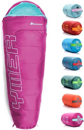 Дитячий спальний мішок Meteor Premium Kinder: літній, ультралегкий, для кемпінгу та відпочинку на природі. Кольори: темно-зелений/зелений, фуксія/м'ята.