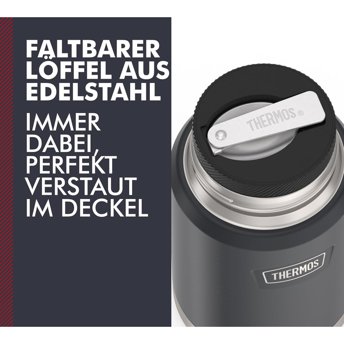 Термос ICON Food Jar 0,71 л, темно-сірий/графітовий мат, контейнер для їжі 710 мл, з подвійних стінок з нержавіючої сталі 18/8, зберігає тепло та холод, з відкидним ложкою, неслизьке дно, абсолютно герметичний