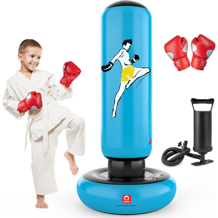 Дитячий боксерський мішок QPAU з рукавичками, надувний, 168 см, для хлопчиків та дівчаток 6-12 років, блакитний