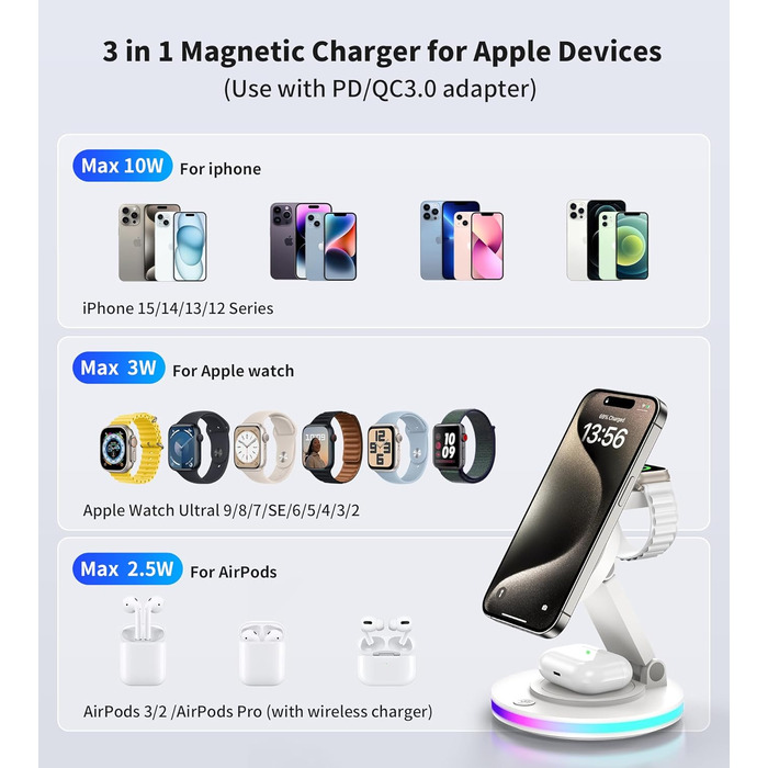 Бездротова зарядка MagSafe 3-в-1: зарядний стан для Apple Watch, iPhone 16/15/14 з нічним світлом, поворотний