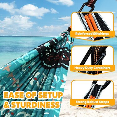 Гамак для кемпінгу NATUREFUN | Легкий, 300 кг, дихаючий, швидковисихаючий, нейлон, 2 карабіни, 2 петлі, армійний зелений (275 x 140 см, Богема)