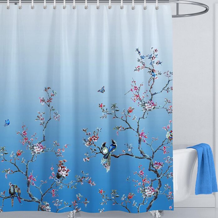 Шторка для душу LIVETTY з малюнком птахів, біла, 180x210 см, тканинна, для ванної кімнати, вологостійка, з 12 гачками