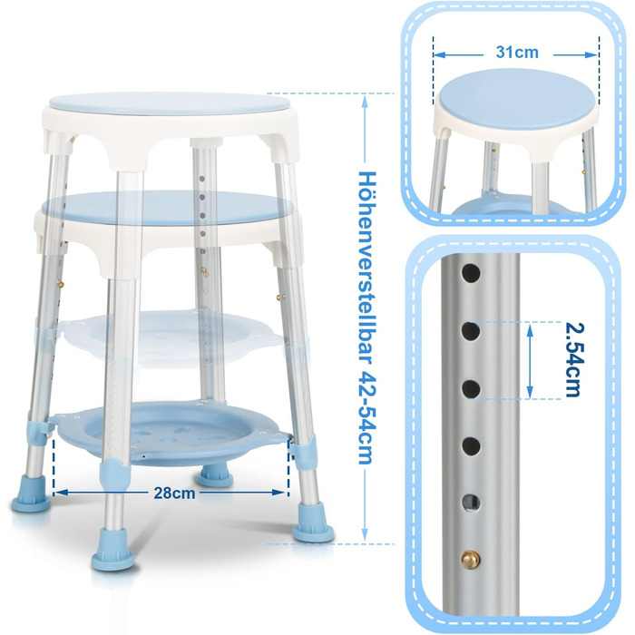 Ansobea Shower Stool for Seniors, Bath Stool, 7-Level Height Adjustable, 41-56 cm, Shower Chair with U-Shaped Hygiene Cutout, Bathroom Stool, Stable for the Shower (Type 2 - with Shower Ball)