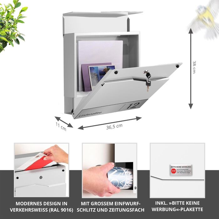 Поштовий ящик білий з газетницею TRELLEBORG, персоналізований, з цинкової сталі з іменем, вулицею та номером будинку + комплект для монтажу (RAL 9016)