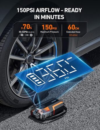 Powerbank AstroAI MF16 6000A з компресором 150PSI: старт для авто, мото, SUV (12V, 10L бензин/8L дизель), LED-дисплей, оранжевий