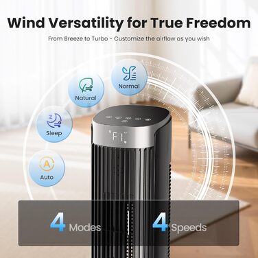 Вентилятор Pureborne 91 см з осциляцією, керуванням Wi-Fi та пультом, 4 швидкості та 4 режими, таймер 12 годин, чорний