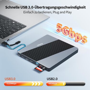 Зовнішній USB 3.0 CD/DVD-записувач Alxum з картридером SD/TF та додатковим USB-портом, Plug & Play для Windows, Linux, Mac OS, T039A
