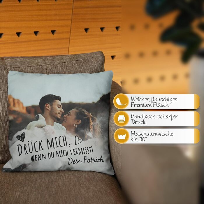 Парні подушки Love Faith Drück Mich 40x40 см – персоналізована диванна подушка з фото та іменем – подарунок для пари, для неї і нього