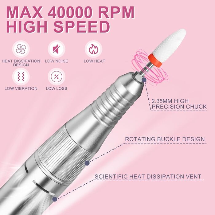 Електричний апарат для манікюру та педикюру Nagelfräser 12в1 з алмазним набором для гелю та акрилу, 40000 об/хв, білий