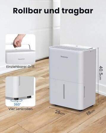 Електричний осушувач повітря Newentor 12L для підвалу, 35dB, з гофрованим шлангом 1м, для приміщень до 25м², 10 років гарантії, фільтр, таймер, продуктивність 24L/день