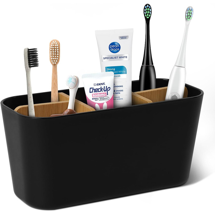Підставка для зубних щіток з бамбуковими перегородками, органайзер для зубних щіток на 4 відділення + місце для пасти, чорний