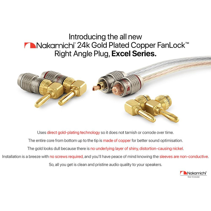 Бананові конектори Nakamichi FanLock Excel-Serie, позолочені правокутні роз'єми для акустичних кабелів Hi-Fi та домашнього кінотеатру, 10-18 AWG, 4 мм, 4 шт (2 пари)