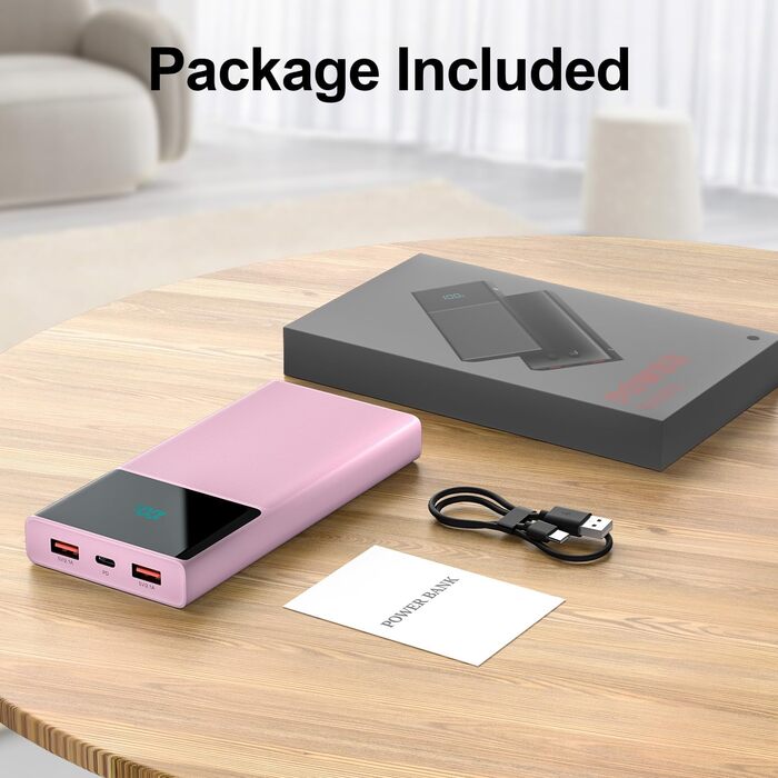 Портативний зарядний пристрій Power Bank 13000mAh з 2 вбудованими кабелями, LED-дисплеєм, рожевий