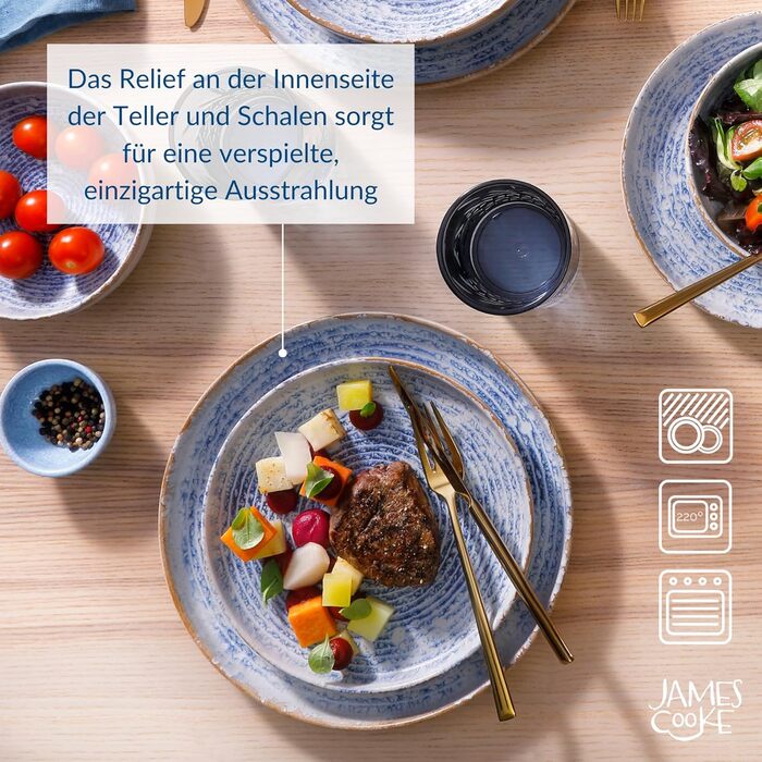 Набір посуду James Cooke Azure Vintage Steinzeug для 6 осіб (24 елементи) - біло-блакитний, з рельєфом, для миття в посудомийній машині, духовці та мікрохвильовій печі