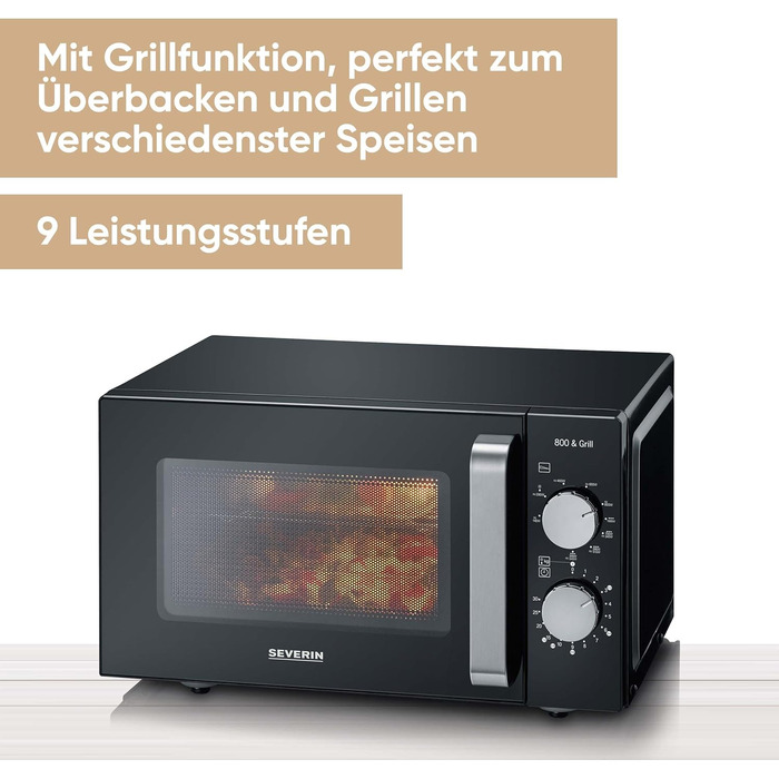 Мікрохвильова піч Severin 2-в-1 з грилем, 20 л, чорна, MW 7762. Функція гриля, плоский скляний стіл, XXL-об'єм для прямокутного посуду, легке очищення.