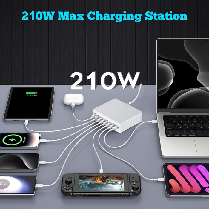 Зарядний пристрій USB-C 210W, багатопортовий (6x USB-C + 2x USB-A) PD 3.0 для iPhone, MacBook, Samsung Galaxy, планшетів - сріблястий