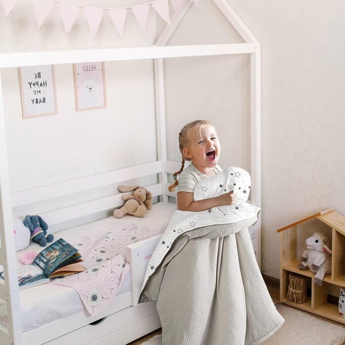 Набір постільної білизни для дитячого ліжечка Lulumoon з мусліну 100x135 см: простирадло 100x135 см + наволочка 40x60 см з бавовни Oeko-TEX Standard – легка та комфортна постільна білизна для малюків. Теплий сірий колір, зірки, 100x135 см + 40x60 см