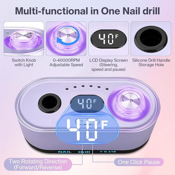 Електрична нігтьова фрезерна машинка для манікюру та педикюру, 40000 об/хв, LCD дисплей, професійний набір, фіолетовий