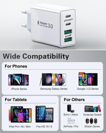 Мережевий адаптер USB C 40W з 4 портами, швидка зарядка, білий. Підходить для iPhone, iPad, Samsung та інших телефонів.